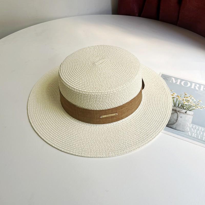 Luxury Elegant Women Summer Straw Hat Flat Top Boater Cap Folds Silk Pearl Decor Hand Weave Wide Brim Sun Hat Panama Fedora