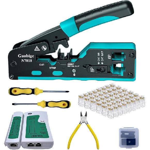 rj45 Crimp Tool Kit, Pass Through Cat7 Cat6A Cat6 Cat5e Cat5 rj45 Crimping Tool with 10PCS Cat7 Shielded Connectors 10PCS Covers 20PCS Cat6 Pass
