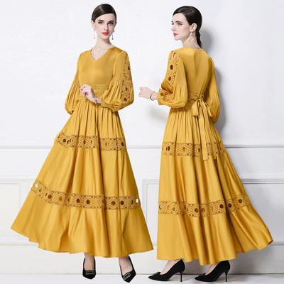 Ζώνη με Βαριά Κεντήματα Δαντέλας και Φανάρι Φόρεμα Γυναικείο Λεπτό Μακρύ Φθινοπωρινή Σεζόν Ψηλόμεσο Α-Γραμμή