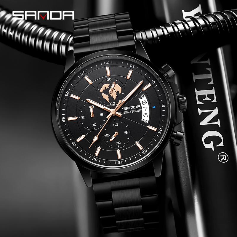 Sanda Men's Waterproof Quartz Watch with Steel Band and Calendar - Korean Edition