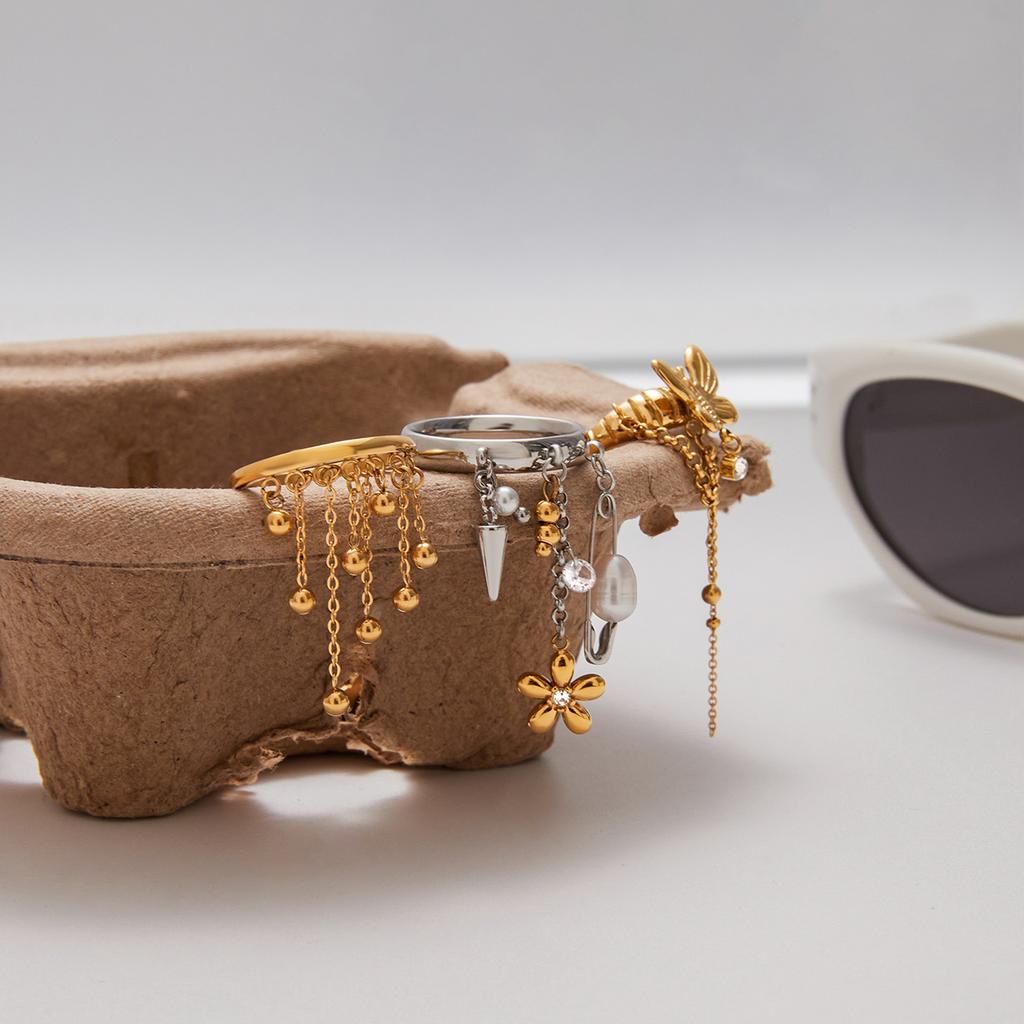 Youthway Y2K Style Freshwater Pearl Flower Pendant Tassel Ring For Women Stainless Steel  Gold Color Plated Fashion Accessory