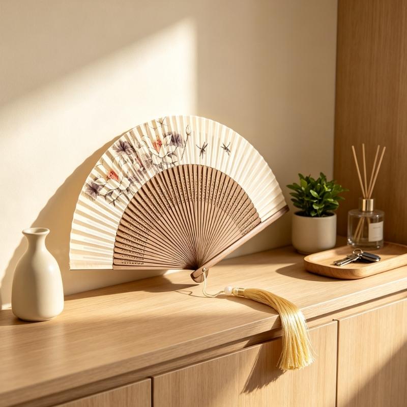 Folding Fan Home Accent, Display Piece with Pattern Detail for Shelf, Study and Tea Room Arrangement Display Touch