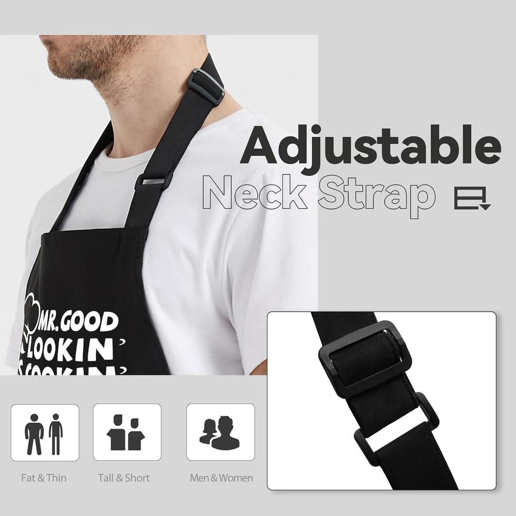 Funny Aprons for Men, Mr. Good Lookin’ Is Cookin’ Chef Apron with 3 Pockets, Adjustable Neck Strap and Long Waist Ties, Perfect for Kitchen
