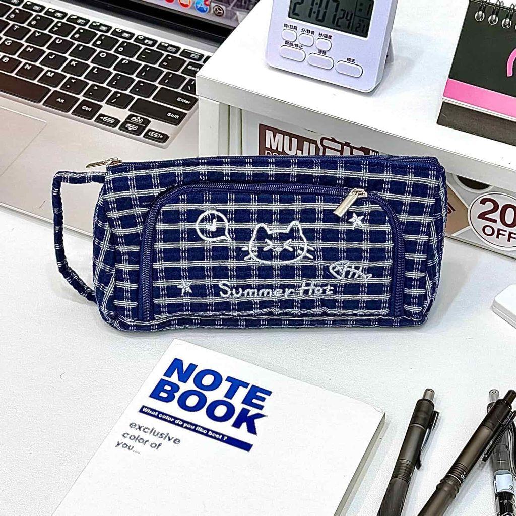 Cute Cat Lattice Pattern Pen Case With Fabric Material For Students And Girls