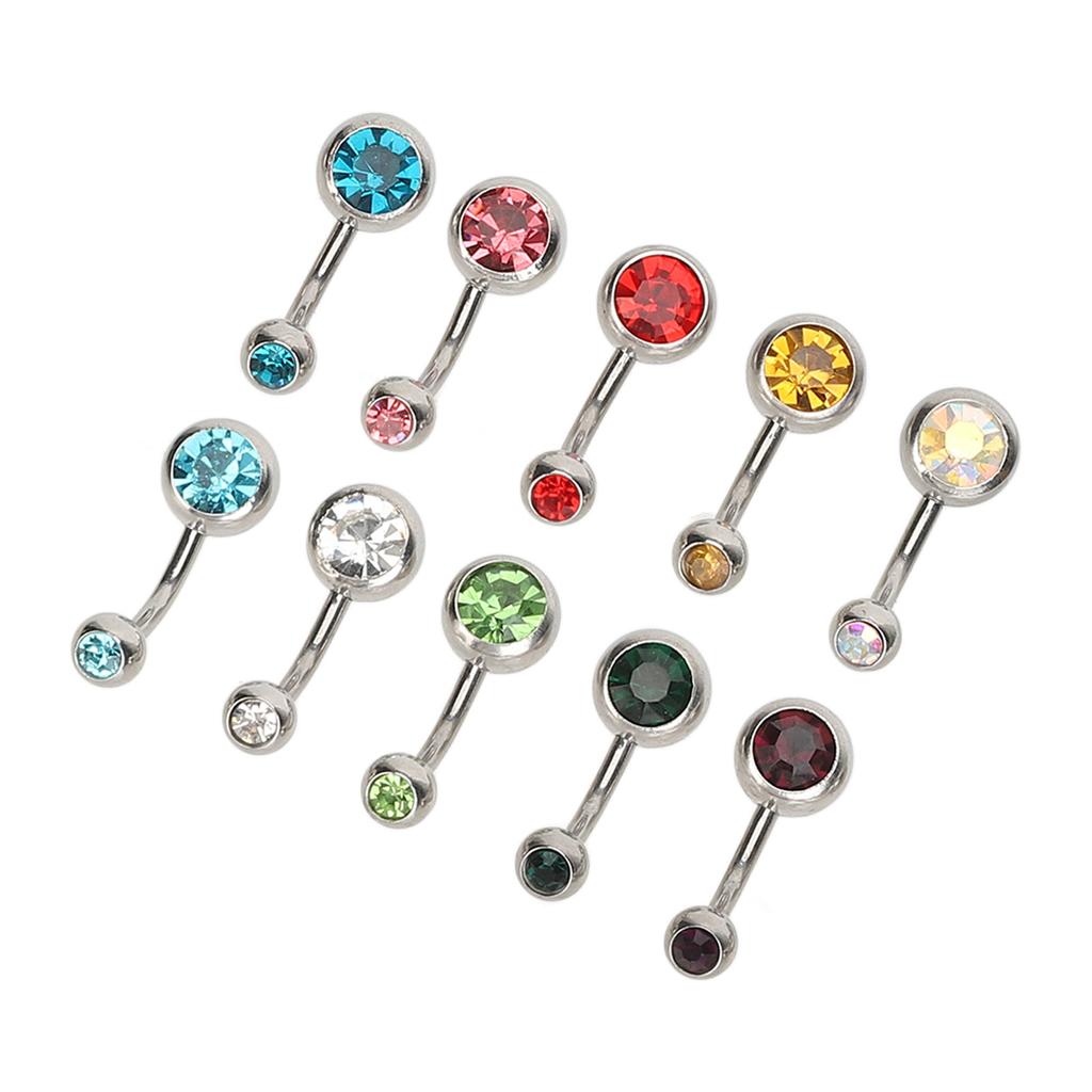 10pcs Belly Button Rings Colorful Rhinestone Stainless Steel Curved Navel Barbell Body Piercing Jewelry