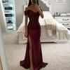Elegantes, schulterfreies Maxikleid mit V-Ausschnitt und Pailletten, plissiert, kurze Ärmel, Taille, eng anliegend, für Abend, Party, Abschlussball, schlankes, sexy, langes Kleid mit Schlitz