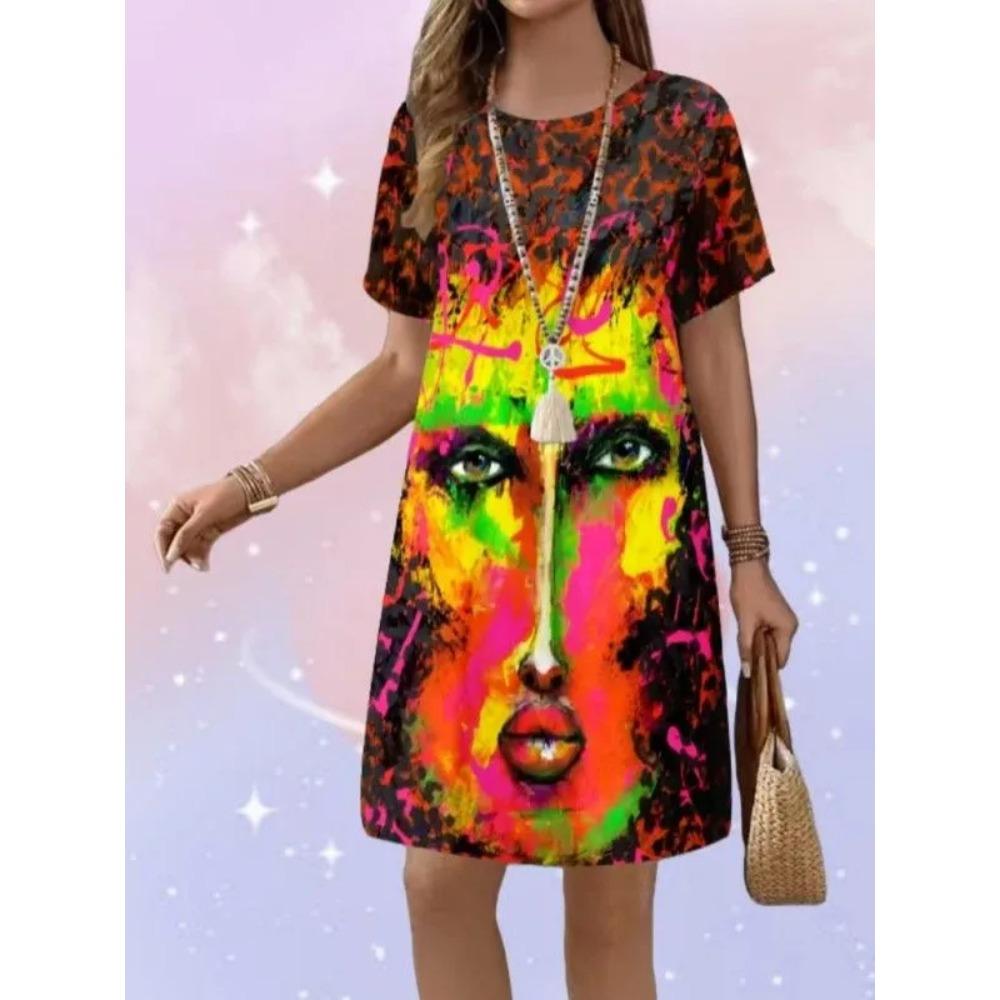Summer Mid Length Dress Women's Creative Retro Geometry 3D Printed Dress Comfortable Soft Breathable Loose Large Casual Round Neck Short Sleeve Dress