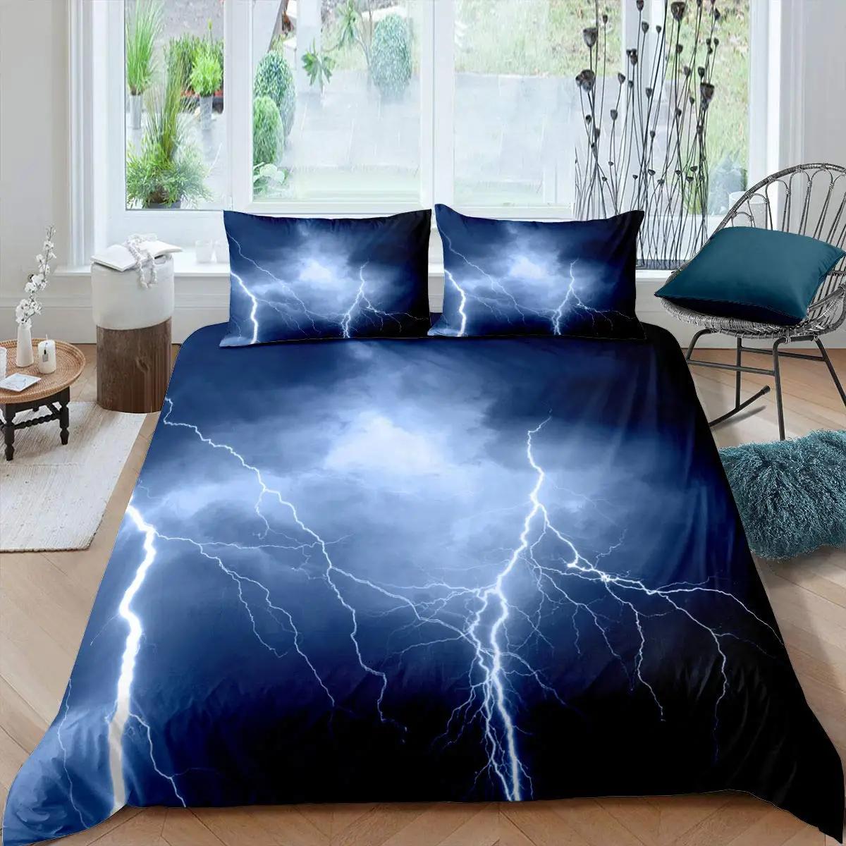 Thunder and Lightning King Queen Duvet Cover Natural Disaster Landscape Bedding Set Teen Adult Dark Clouds Polyester Quilt Cover 70x133cm 2pcs