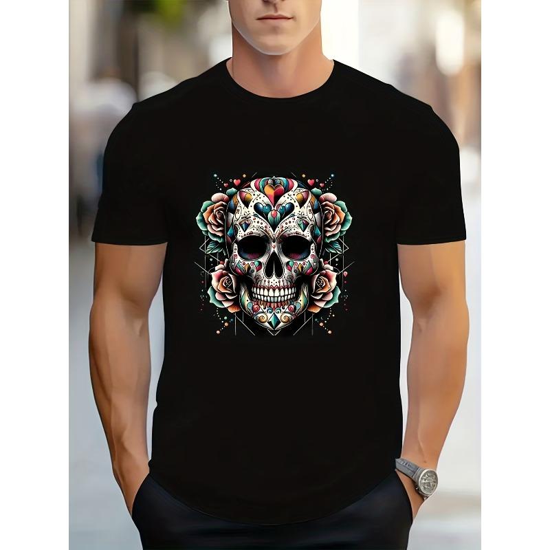 European sizes Vintage Mexican Sugar Skull Rose Print Men's Round Neck Short Sleeve T-Shirt, Street Style Knit Casual Versatile Tee