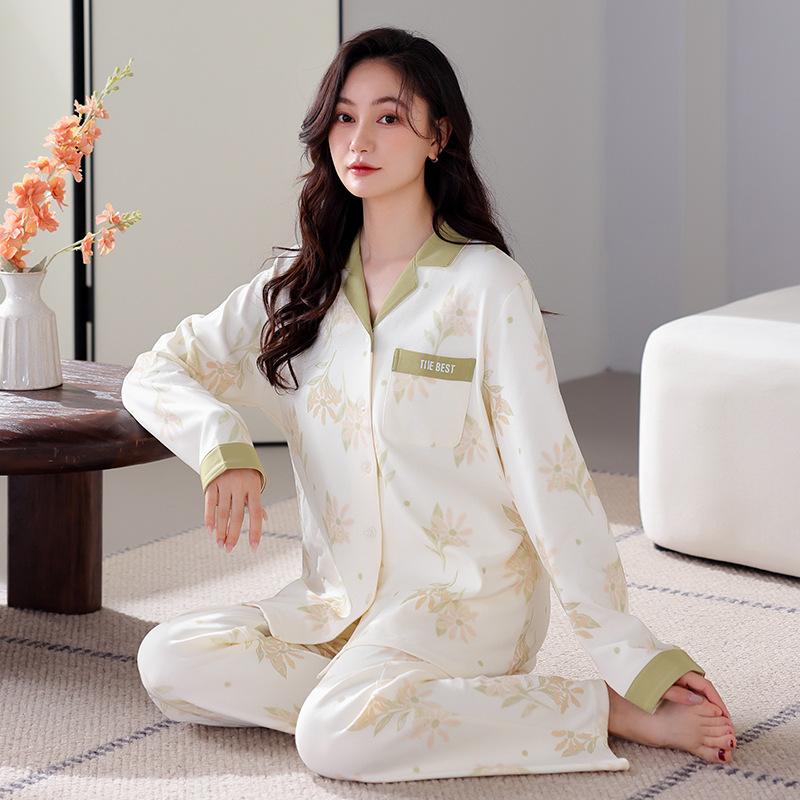 Pure cotton pajamas women's spring and autumn long-sleeved cardigan women's autumn new Chinese V-neck national style loungewear large size set