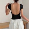 Women's Round Neck Short Sleeve Solid Color U Backless Slim Fit Cropped T Shirt Casual Summer Basic Workout Tee Top