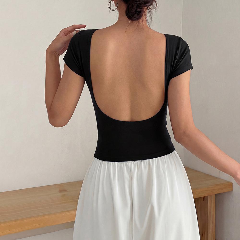 Women's Round Neck Short Sleeve Solid Color U Backless Slim Fit Cropped T Shirt Casual Summer Basic Workout Tee Top