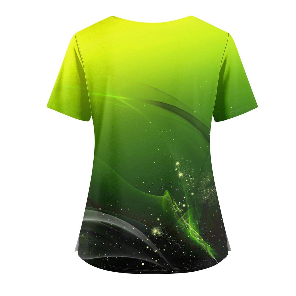 Plus SizePrinted Scrub Working Uniform Tops For Women's Cross V-Neck Halloween Print Short Sleeve Fun T-Shirts Workwear Tee With Pockets