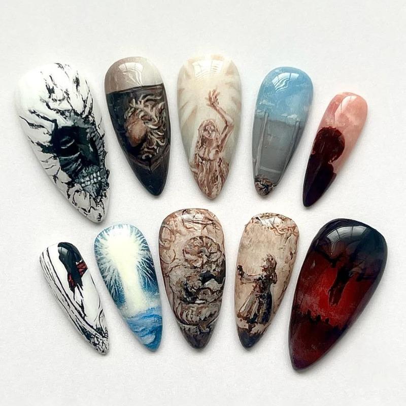 

BEPAN 24Pcs Fake Nails Hell Angel Waves Almond Dark Retro Holiday Niche Collection Press-On Nails Perfect Gift for Girls and Friends Long stiletto