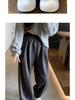 Dark Grey Heart Pattern Wide Leg High Waist Petite Women's Trousers - Spring/Summer Casual Straight Leg Floor Length Pants