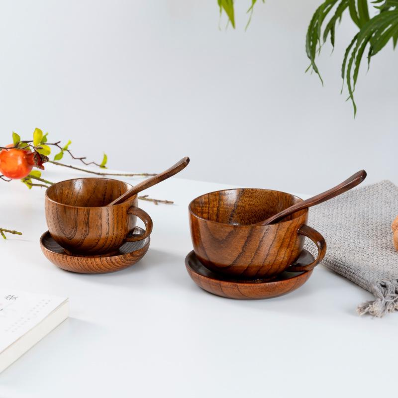 Japanese-style Jujube Wood Coffee Cup Three-piece Set Solid Wood Bowl Cup Wooden Milk Cup with Handle Can Be Printed with Logo