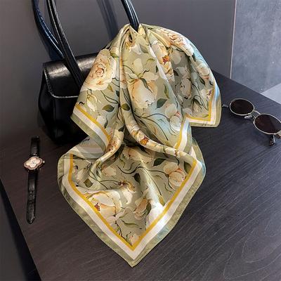 Designer Floral Square 65cm Neckerchief Women Real Silk Scarf Luxury Cotton Shawl  Print Female Hijab Bandana Headband