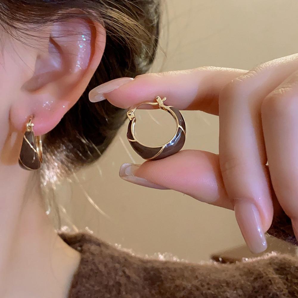 Temperament Vintage Brown Enamel Zircon Hoop Earrings for Women Exquisite Stainless Steel Beaded Wedding Bride Jewelry Accessory
