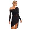 Fringed Dance Dress Sheer Mesh Patchwork Long Sleeve Irregular Hem Dresses for Tango Latin Cha-Cha Samba