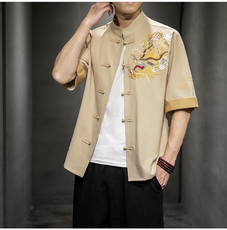 Camicia Casual da Uomo Stile Cinese con Ricamo di Drago, Collo Rialzato, Manica Corta, Taglia Larga
