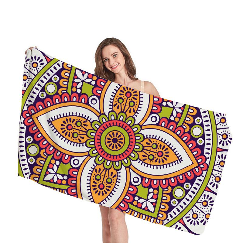 Ethnic Mandala Geometry Digital-printed Polyester Superfine Fiber Double-sided Fleece Beach Vacation Bath Towel, Beach Towel