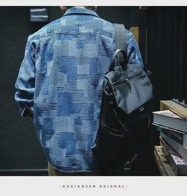Men's Trendy Retro Plaid Jacquard Black Denim Shirt-Jacket, Autumn Loose Fit, Long-Sleeved, Casual Style.