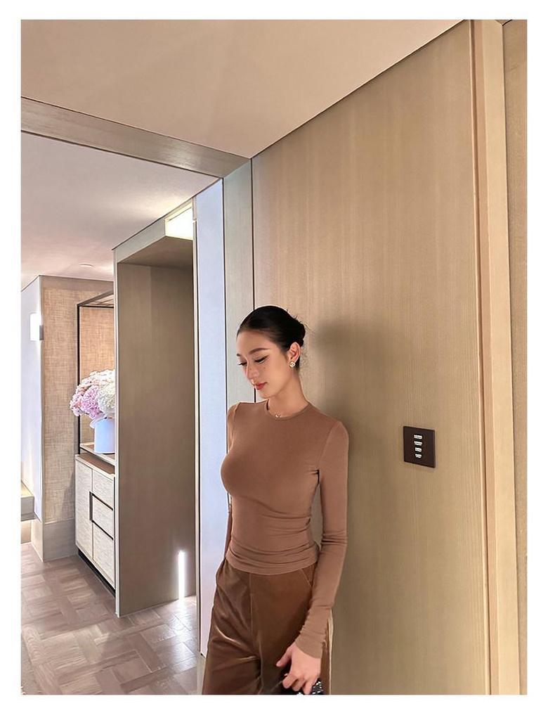 Shanxi Women's 4-Color Versatile Knit T-Shirt: Elastic, Soft, Long-Sleeved, Round Neck Top for Autumn/Winter Wear.