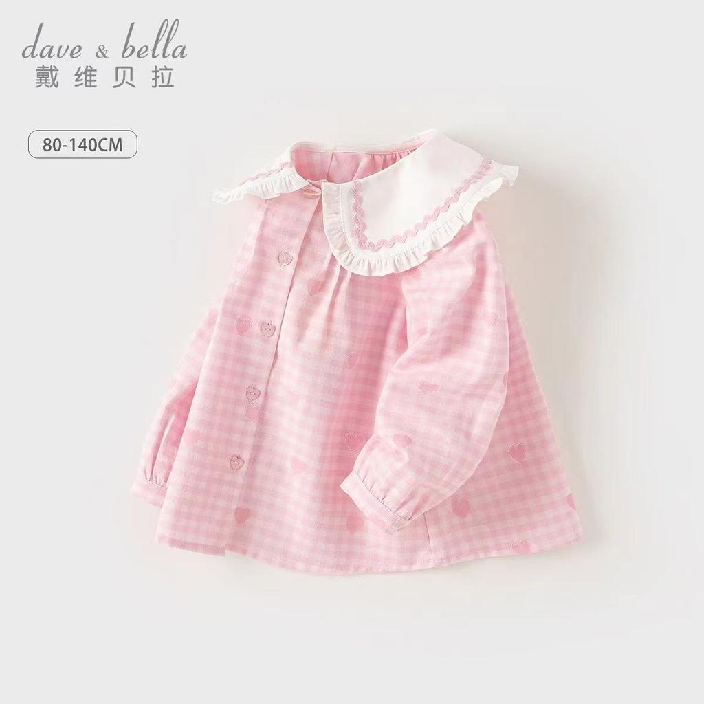 David Bella Girls' Shirt Autumn Dress Children's Pure Cotton Checkered Shirt Baby Girls' Stylish Top