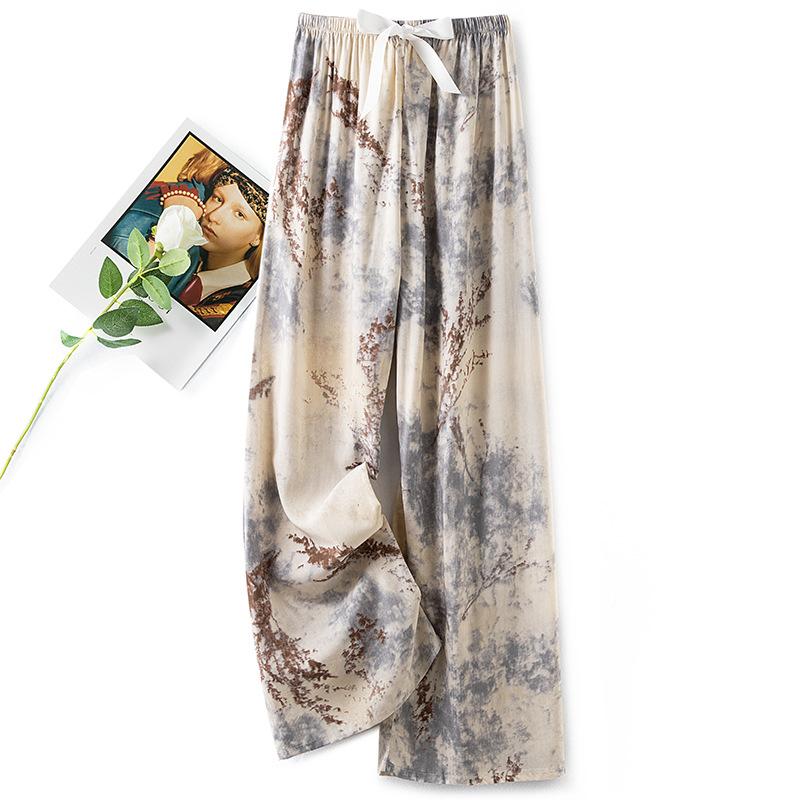 Pantaloni de pijama din bumbac mătase pentru femei, secțiune subțire de vară, anti-țânțari, pantaloni cu picior lat, culoare uni, pentru exterior, casă, petrecere a timpului liber, imprimeu, pantaloni de plajă până la genunchi