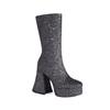 European and American New Square Head High Heel Thick Heel Sequined Horn and Fashion Medium Boots Street Performance Shoes Large Size