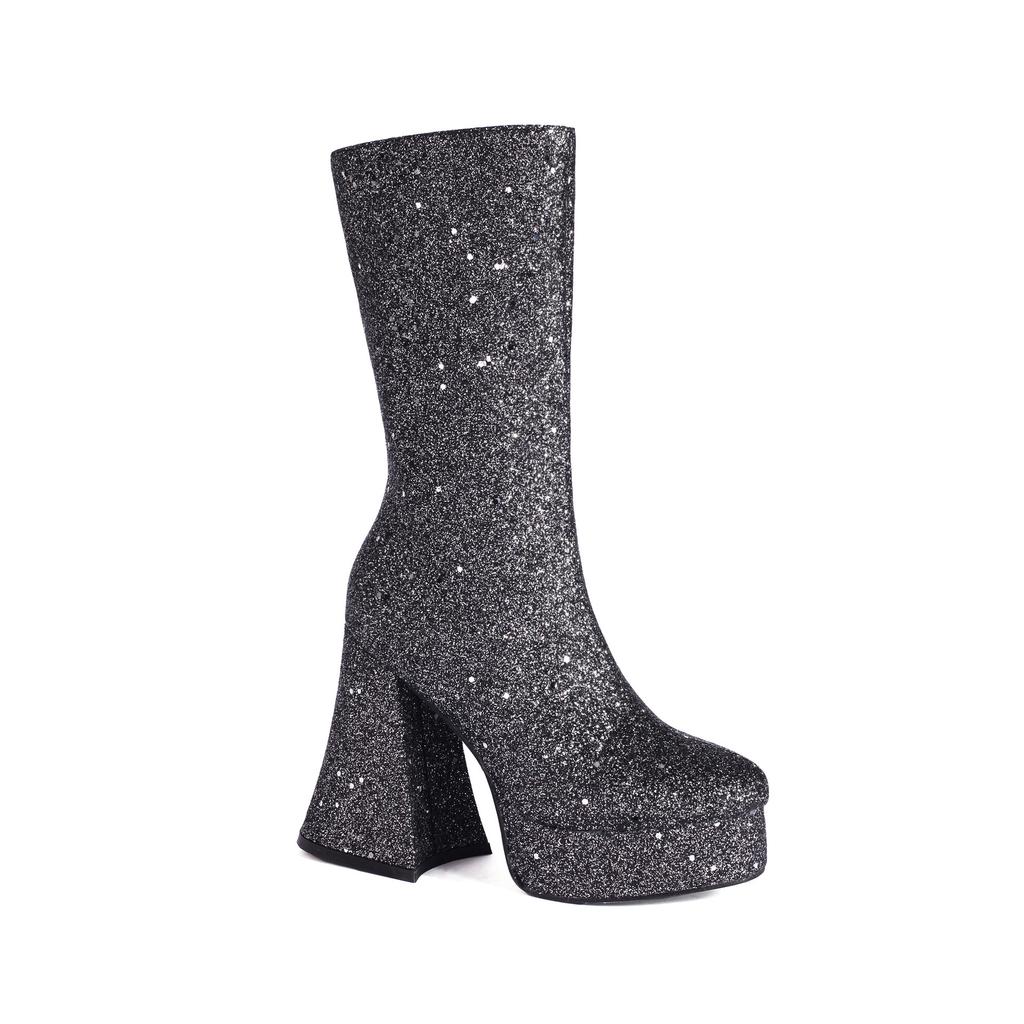 European and American New Square Head High Heel Thick Heel Sequined Horn and Fashion Medium Boots Street Performance Shoes Large Size