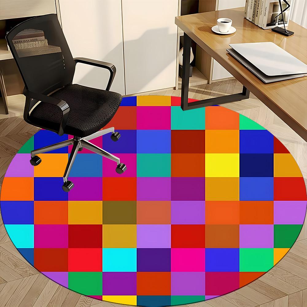 1pc Colorful Checkered Pattern Chair Carpet for Office, Round Polyester Mat, Indoor Decor for Office, Easycare Fabric, Washable Non-slip Area Carpet