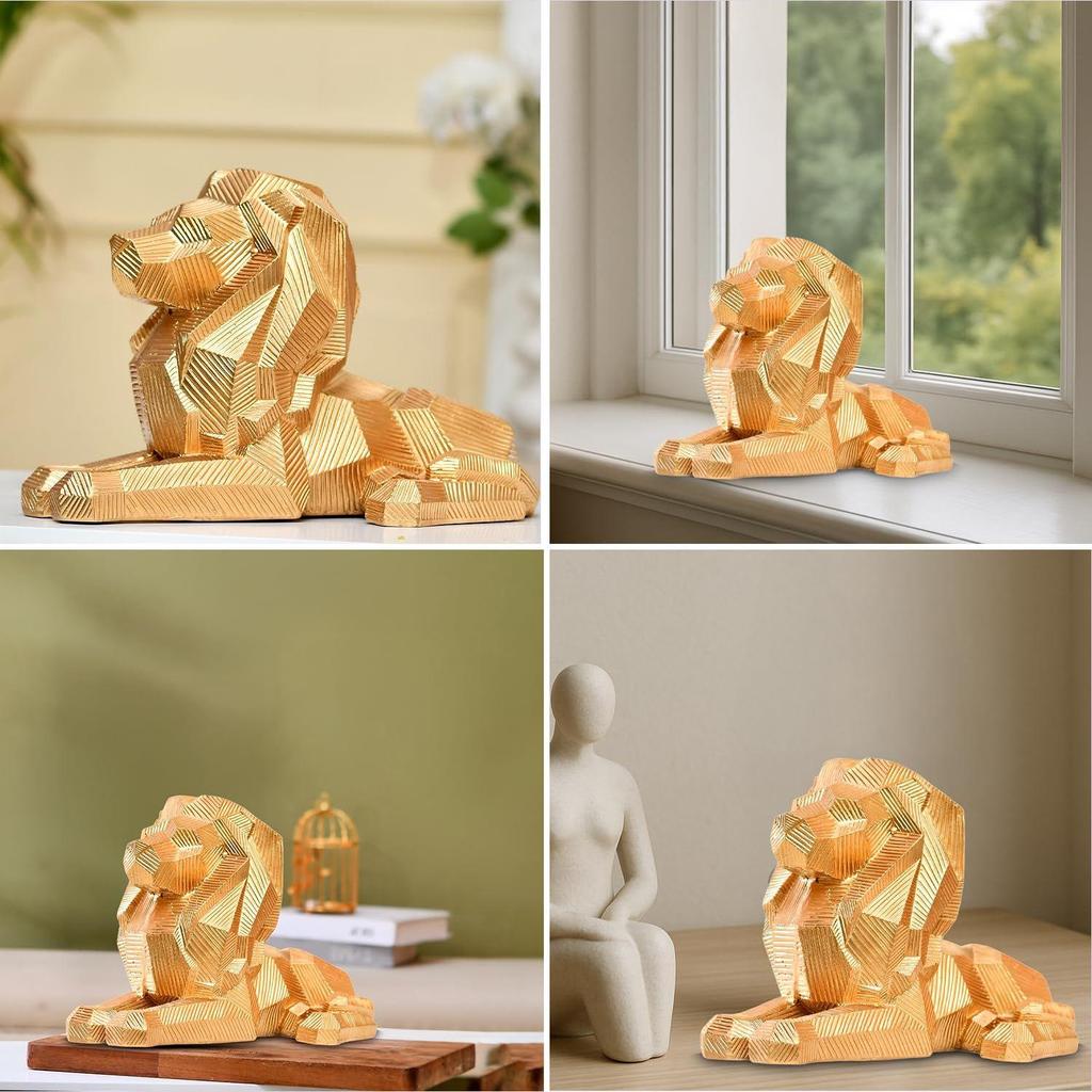 Basics Majestic Geometric Lion Sculpture | A Bold Emblem of Strength & Success | Power-Packed Décor Statement Pack of 1, Golden, Resin