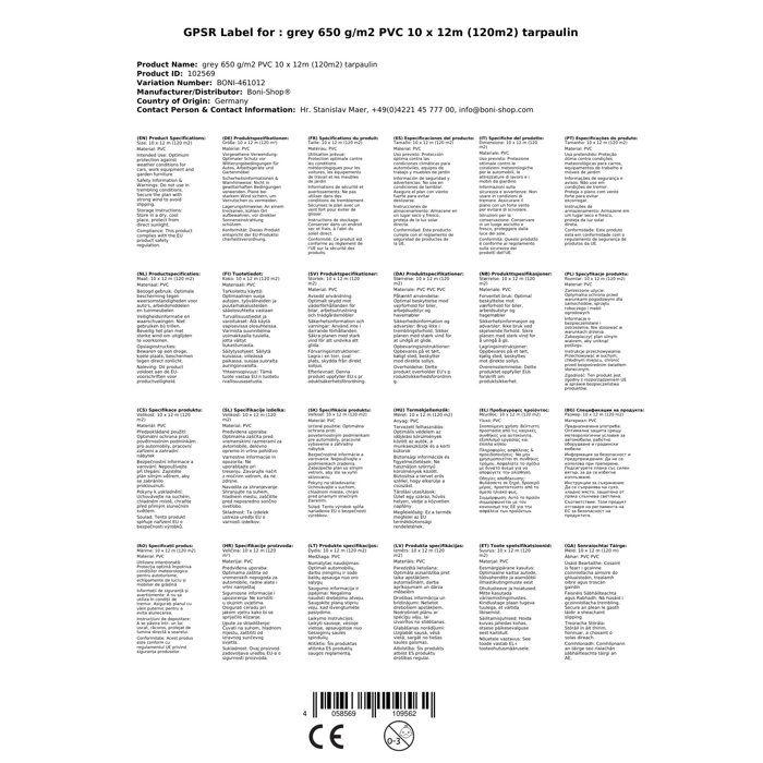 Protective Tarpaulin, PVC Tarpaulin 650g/m², 10 X 12m (120m²), Grey, Waterproof