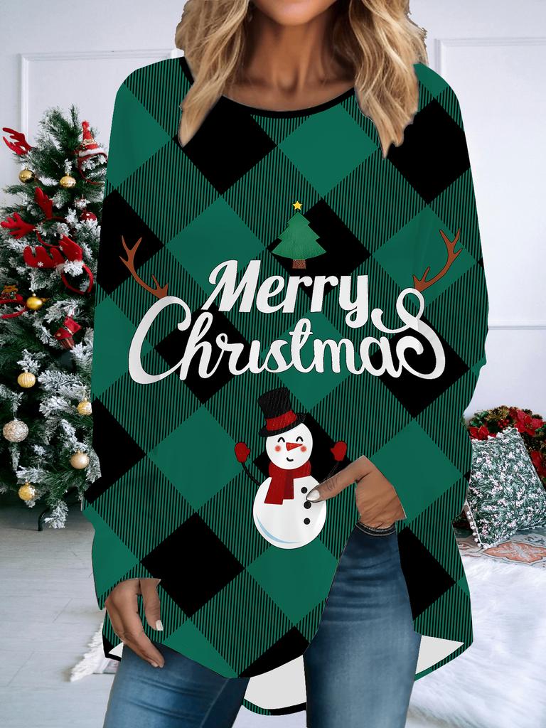 Plus Size Women Spring Christmas Printed Comfy Long Sleeve Round Collar T-shirt Casual Baggy Mid Length Tee Tops