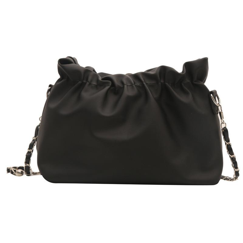 Small Pu Bucket Handbag With Wrinkled Texture And Chain Shoulder Strap For Street Fashion