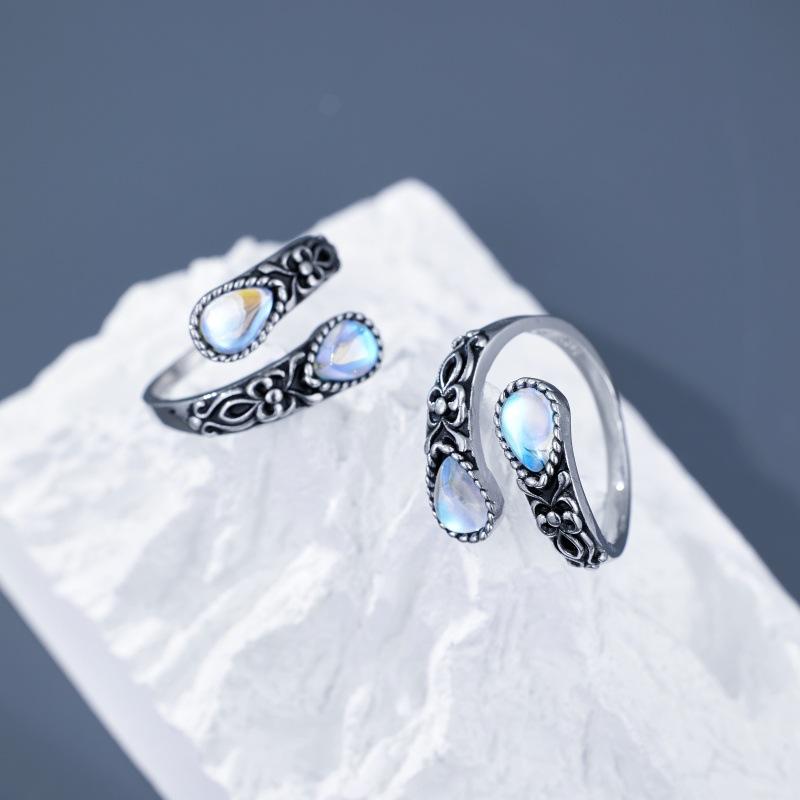 Moonstone Natural Serpentine Vintage Ring Engraved Teardrop Engagement Ring Moonstone Gemstone Men's and Women's Jewelry