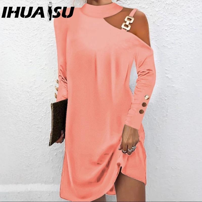 

IHUASU Женская мода Весна Осень Однотонный принт Длинный рукав Высокая талия Повседневные платья XL
