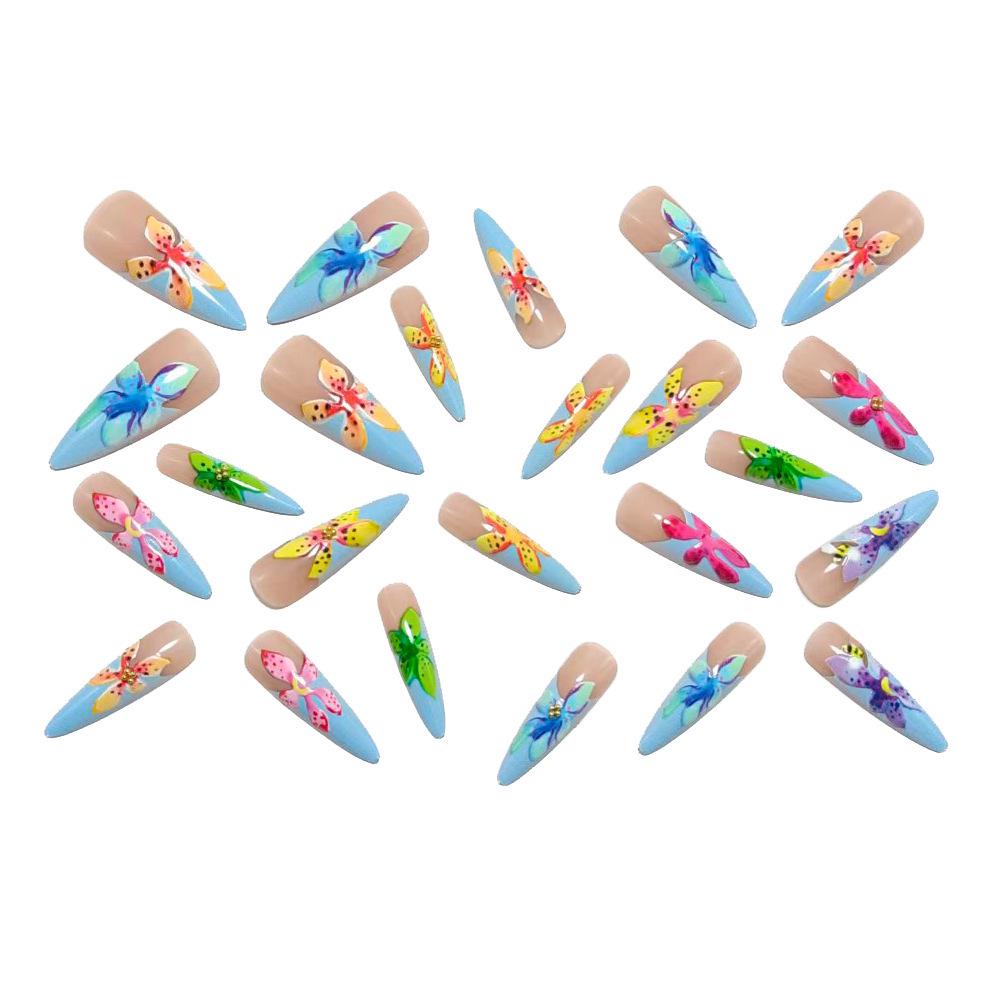 3D Embossed Colorful Flower Long Stiletto Nail Art Stickers - European/American Style Detachable Fake Nails