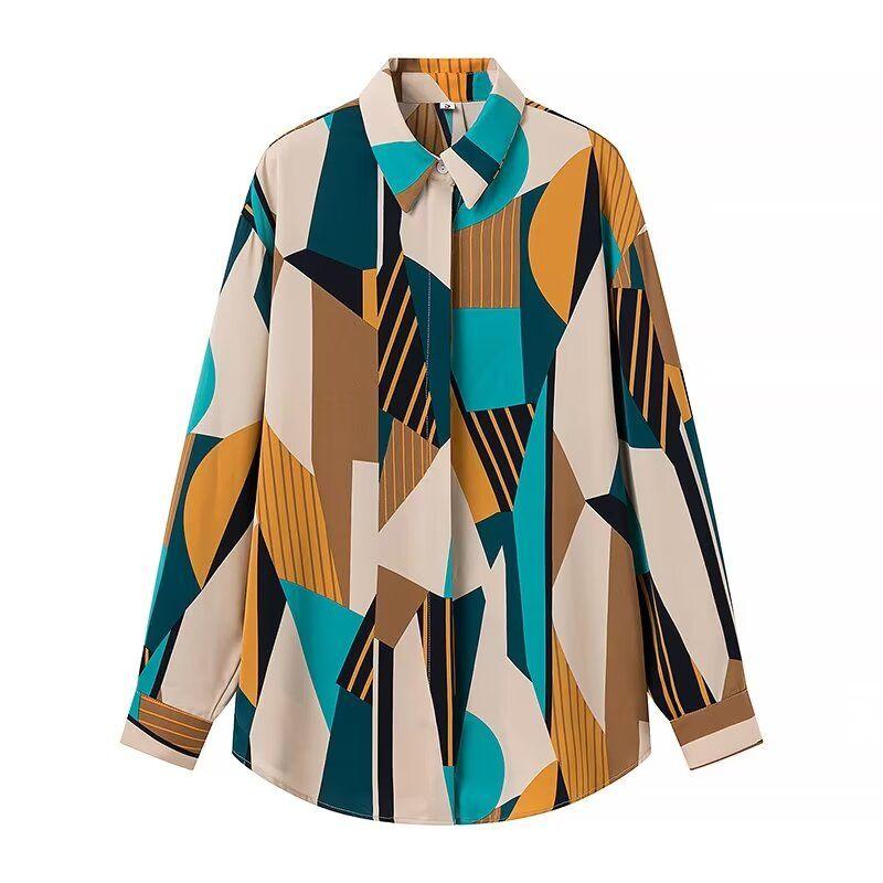 Kaslead New Arrival Women's Fashion Style Fashion Casual Versatile Contrast Color Geometric Print Long Sleeves Shirt
