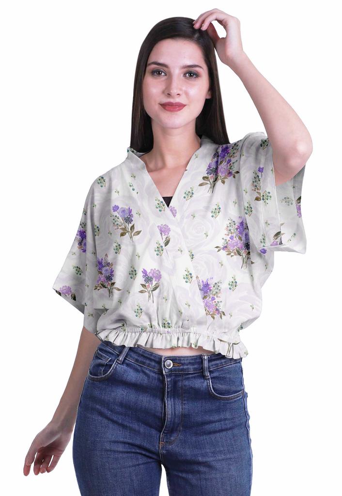 Moomaya Printed Boxy Sleeve Tops For Women V-Neck Elastic WaistA  Kimono Top