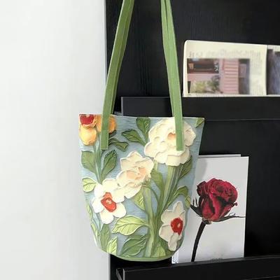 New Large-Capacity Bucket Bag Fashion Crossbody Bag Casual Versatile Shoulder Storage Bag Watercolor Floral Daily Commute Canvas Tote