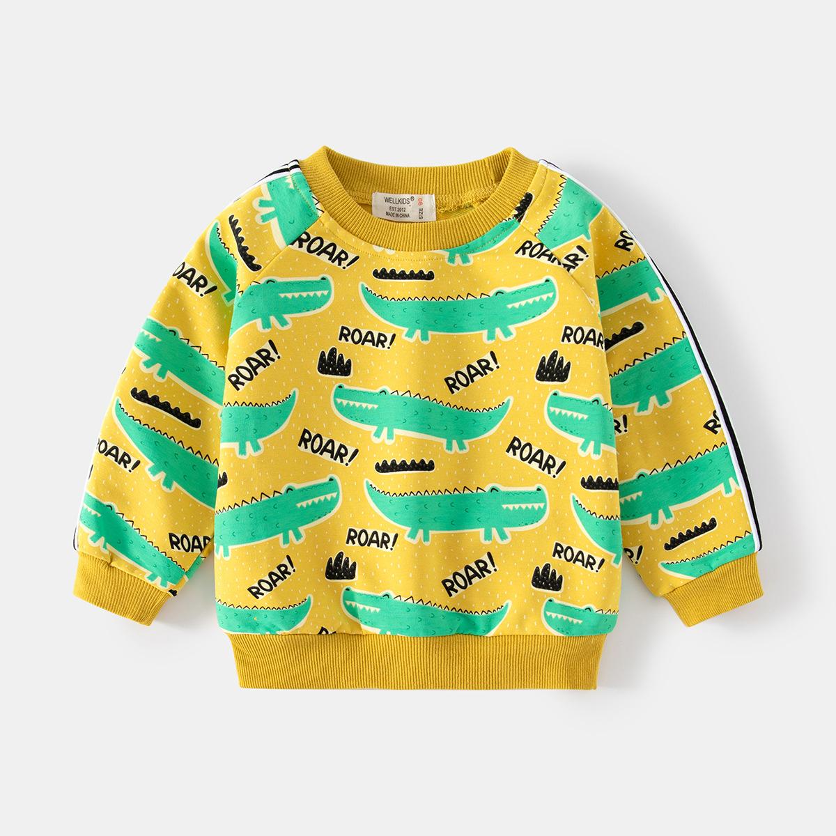 Early autumn Korean version of casual boys full-printed sweater, cute dinosaur-printed sweater, contrasting color fashionable crew neck sweater 130cm