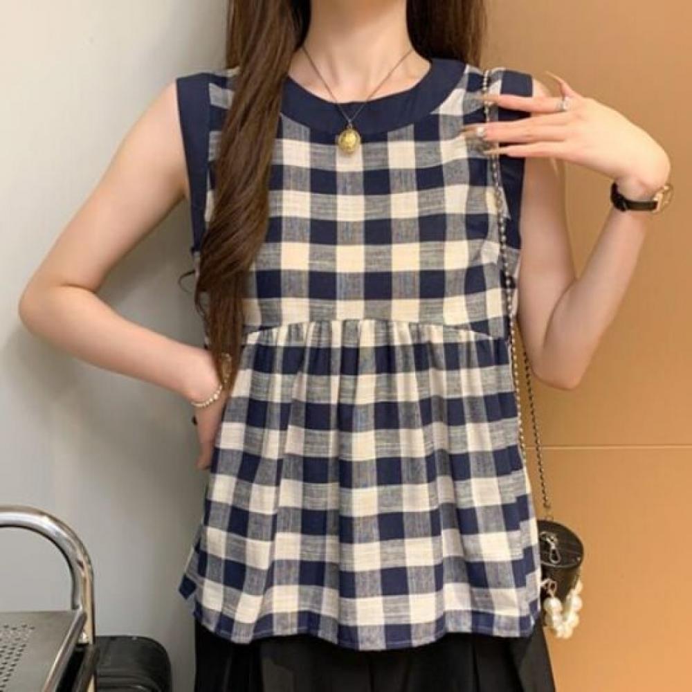 Navava Women Thin Check Pattern Sleeveless Blouse Nb2755