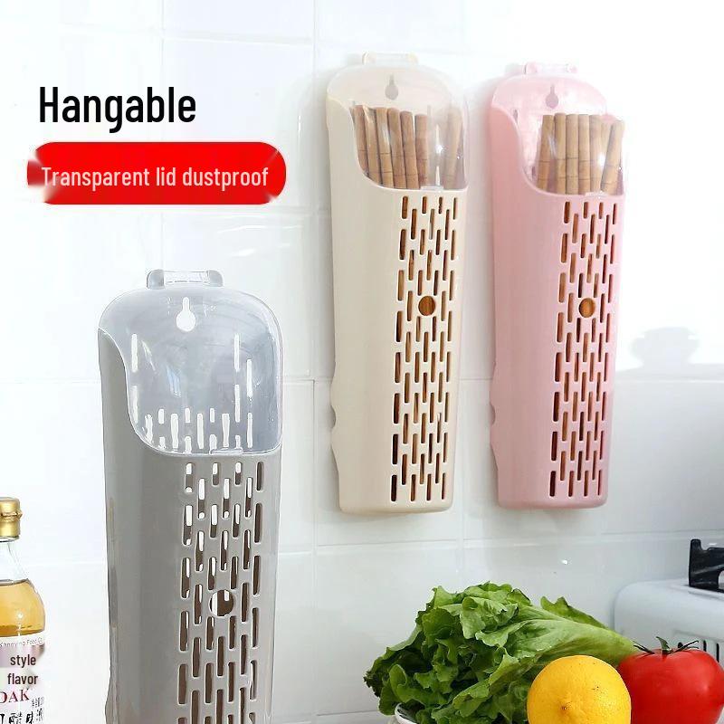 Wall-Mounted Kitchen Chopstick Holder with Lid - Plastic Storage Rack & Drainer
