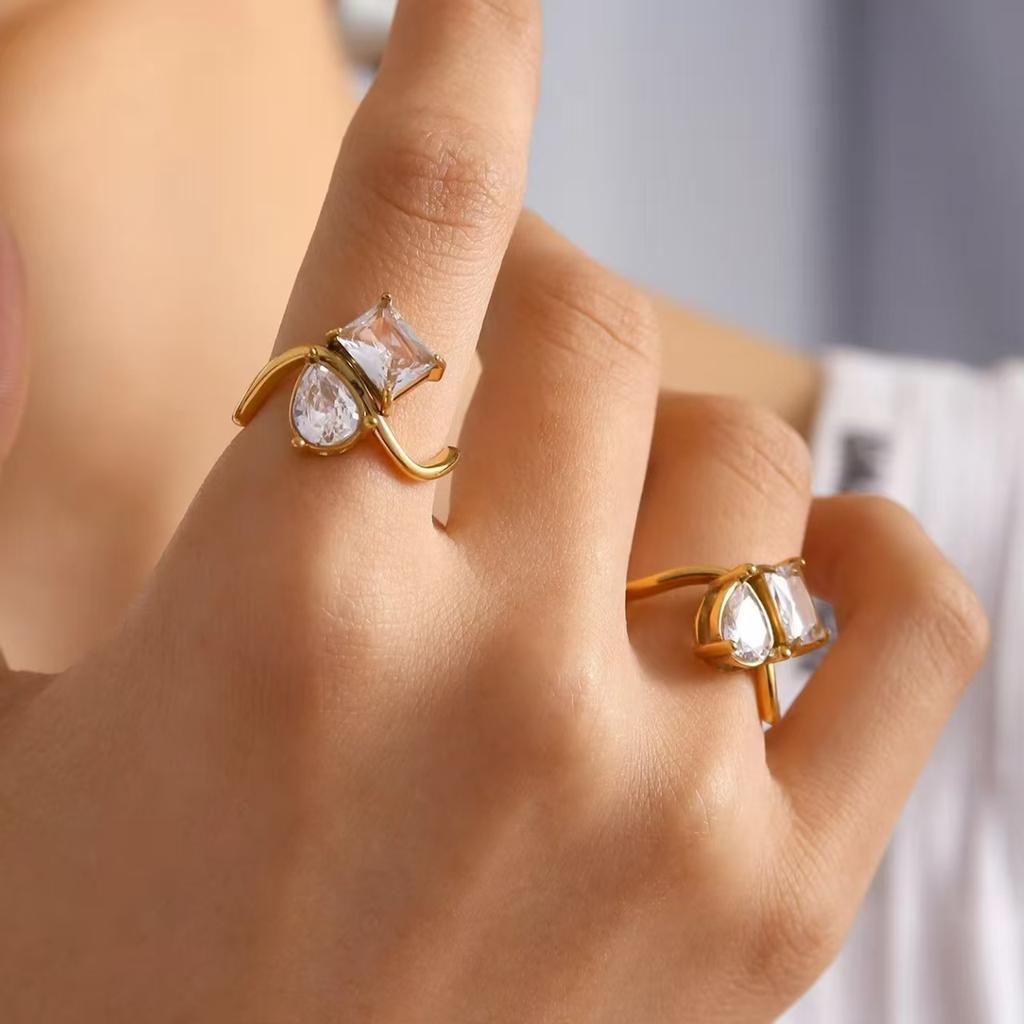 Two Stone Twist Open Ring for Women, 18K Gold Plated CZ Band, Adjustable Statement Jewelry Gift