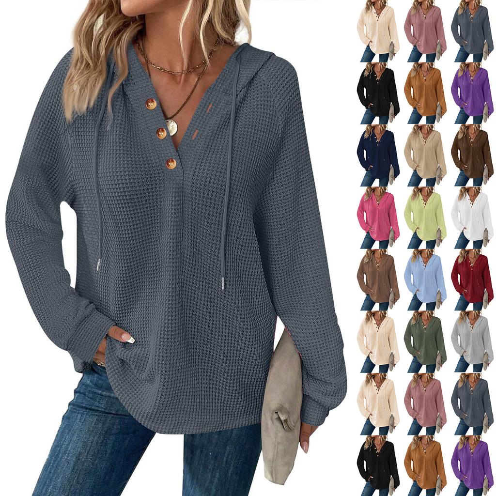 Women's Fashion Long Sleeve Drawstring Hooded Button V-neck Casual Hooded Sweatshirt Top