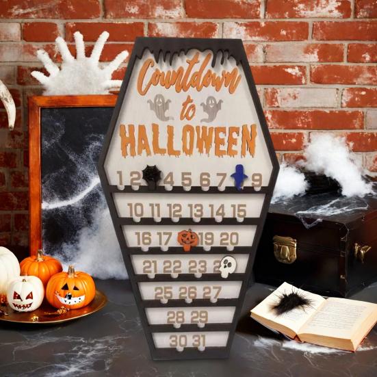 Halloween Countdown Calendar Wooden Coffins Shape Countdown Plaque Ornaments with Pumpkins Ghosts Bats Haunted House Party Decoration