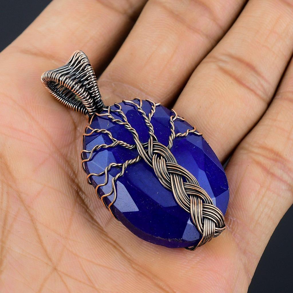 Blue Sapphire Pendant, Handmade Gemstone Pendant, 999 Copper Wire Wrapped Pendant Antique Jewelry, For Engagement Gift