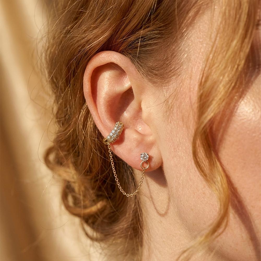 1pc CZ Zircon Stud with Gold Color Link Chain Clip Earrings for Women Gold Plated No Piercing Ear Cuff Fashion Jewelry Gifts